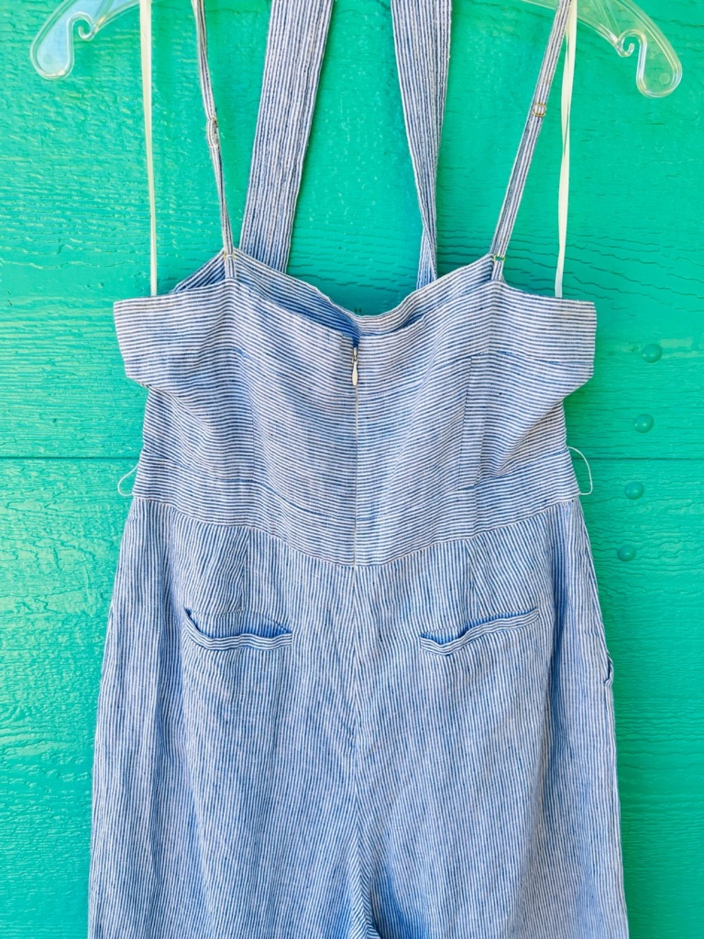 J.Crew Spaghetti Strap Jumpsuit in Blue Striped Beauchamps Linen SIZE 6 - Picture 9 of 10